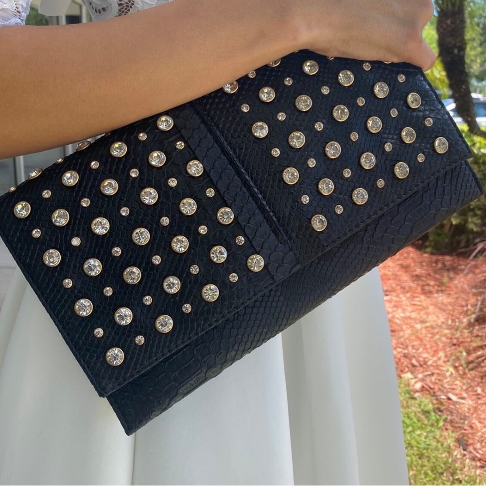 So Studded Snake-Skin Clutch with Gold Accents